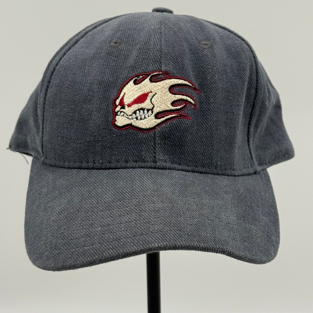 Vintage No Fear Flaming Skull Hat Navy Blue Made in USA Hook Loop Strapback Cap